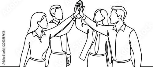 Canvas Print Continuous line drawing of a business team celebrating success with a high five