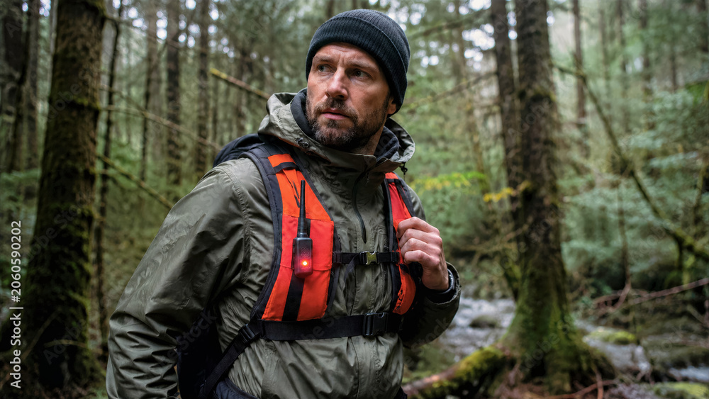 Fototapeta premium Hiker in deep woods wearing vest with built in satellite link beacon for off grid sos signaling