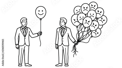 Cuadro en lienzo Man holding single happy balloon contrasts with man holding bunch sad balloons