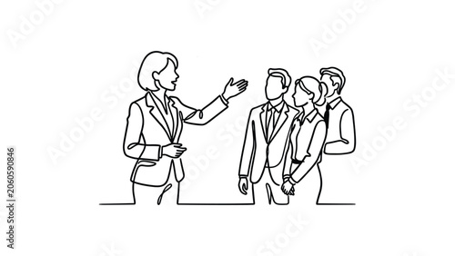 Canvastavla Continuous line drawing of a female leader giving a business presentation to a group of colleagues