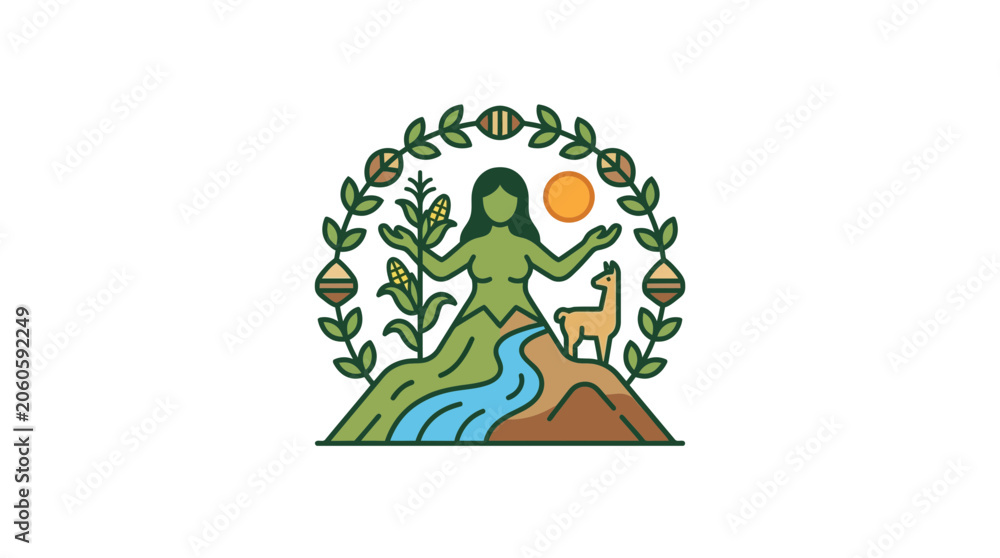 Obraz premium Pachamama Earth Mother Goddess Emblem with Llama and Corn