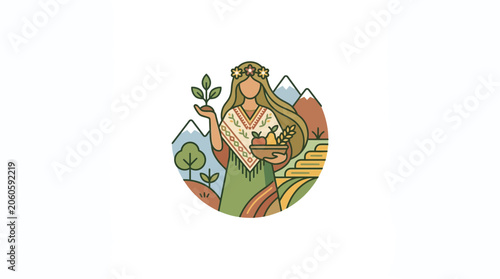 Slika na platnu Pachamama Earth Goddess Illustration with Harvest Fruits