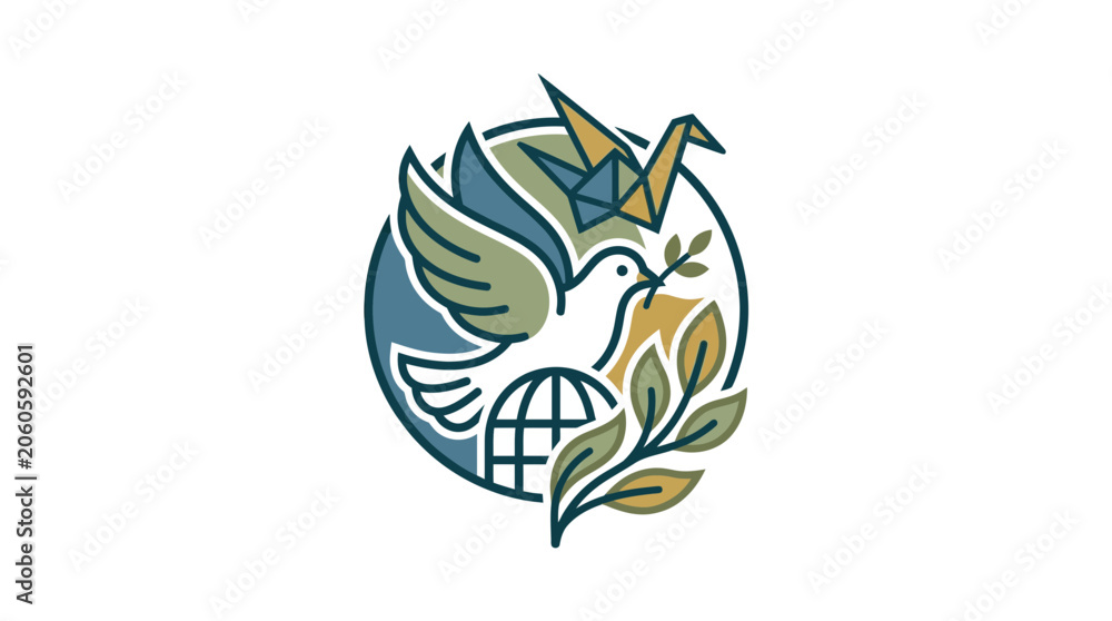 Obraz premium Peace Symbol with Dove Globe and Origami Crane Illustration