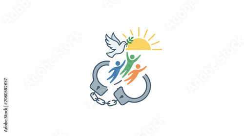 Foto People Breaking Free From Handcuffs Concept with Dove and Sun