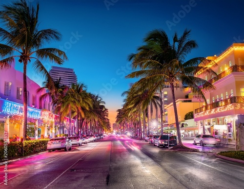 miami beach florida colorful night summer scene on ocean drive art deco district