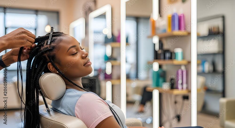 Fototapeta premium Woman relaxing in modern hair salon while stylist works. Beauty care self care moment with calm atmosphere professional treatment and lifestyle.