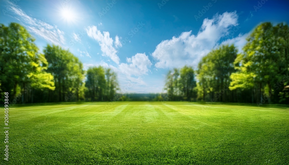 Fototapeta premium Beautiful Blurred Background Image Of Spring Nature With A Neatly Trimmed Lawn Surrounded By Trees Against A Blue Sky With Clouds On A Bright Sunny Day