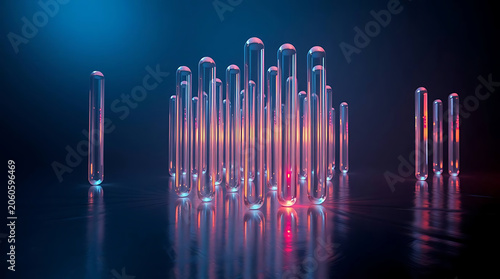 Translucent cylindrical objects arranged in a cluster with colorful neon lighting against a dark background