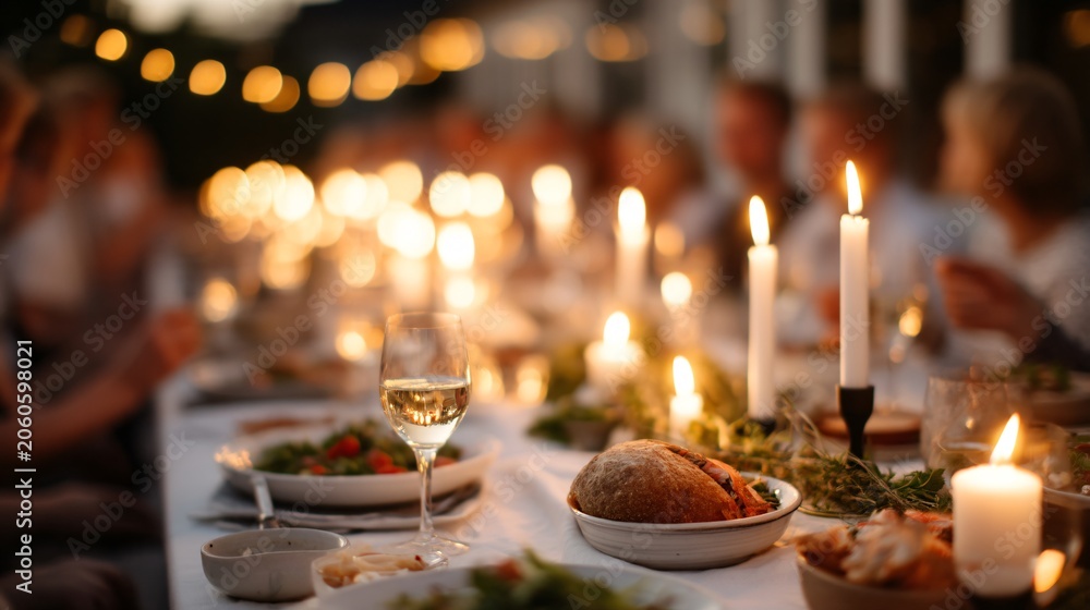 Fototapeta premium Evening crayfish party with candles, cozy warm light, intimate social gathering, end of summer mood
