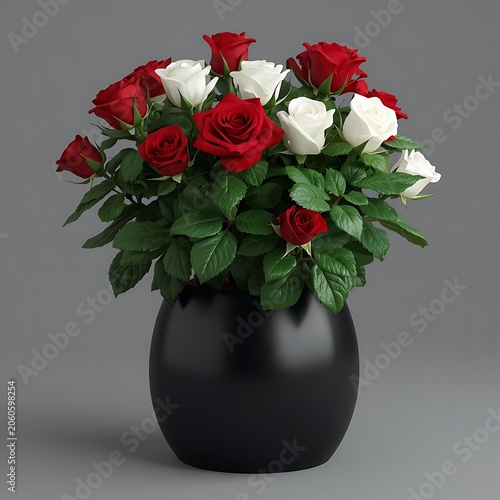 Beautiful red and white flowers in a black pot.