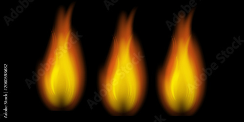 PNG image of Realistic orange and yellow fire flames with glowing embers and small sparks flickering and rising upwards, creating a dynamic burning effect for graphic design on transparent background.