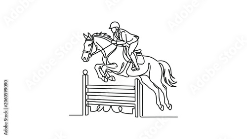Foto Continuous one line drawing of a horse and rider jumping over an obstacle