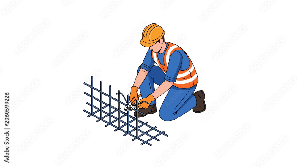 Fototapeta premium Construction Worker Tying Steel Rebar Mesh, Builder in Safety Gear Isometric Illustration
