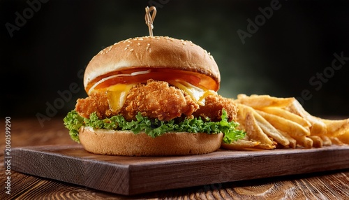 crispy chicken burger with french fries on wooden table
