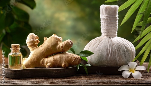 natural wellness concept with herbal compress and ginger