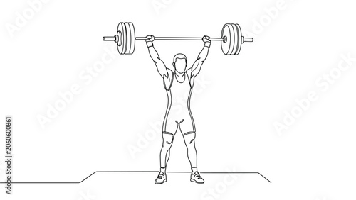 Tableau sur toile Continuous line drawing of a weightlifter holding a heavy barbell overhead