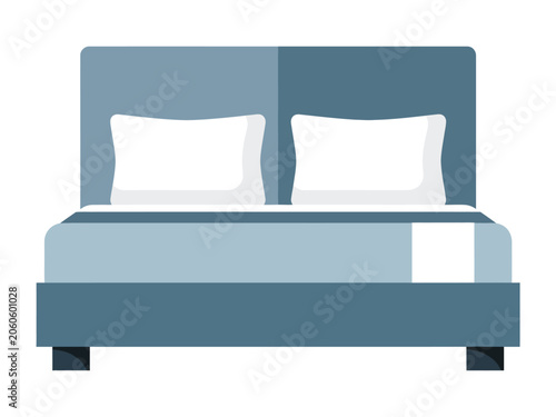 Elegant blue bed with two white pillows and a comfortable mattress for sleeping.