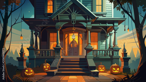 Haunted house exterior with glowing pumpkins at night jack o lantern halloween pumpkins exterior celebration architecture seasonal decoration building illustration background festival