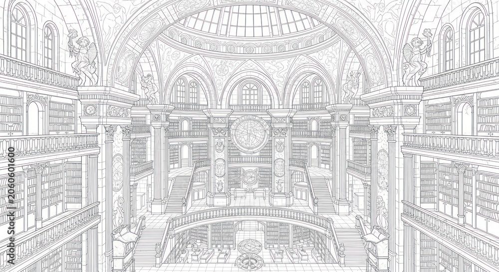 Fototapeta premium A large, ornate library with high ceilings and columns