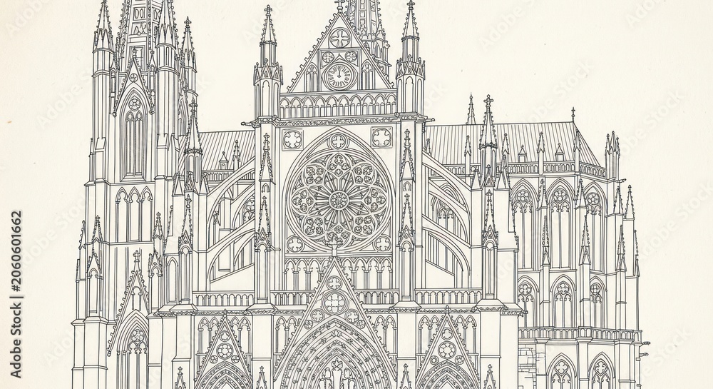 Obraz premium Detailed pencil sketch of grand Gothic cathedral with intricate architectural features