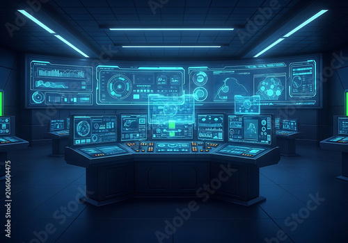 Futuristic command center with glowing blue holographic displays and multiple screens in a dark room