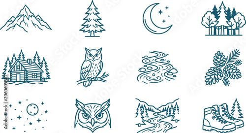 Set of Hand Drawn Nature and Wilderness Adventure Icons.