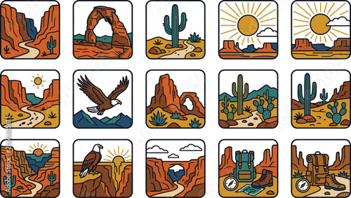 Set of Western Desert Landscape Icons and Adventure Symbols.