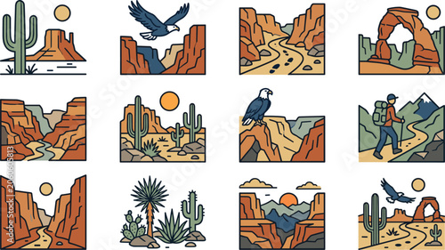 Collection of hand drawn desert canyon and nature landscape illustrations.