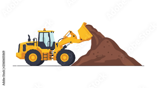 Yellow wheel loader moving dirt pile, construction vector illustration.