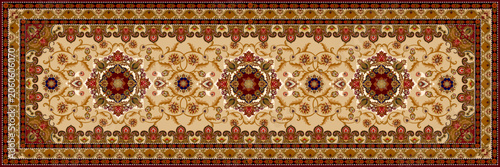Luxury Persian Runner Carpet Pattern with Floral Medallions on Ivory Background