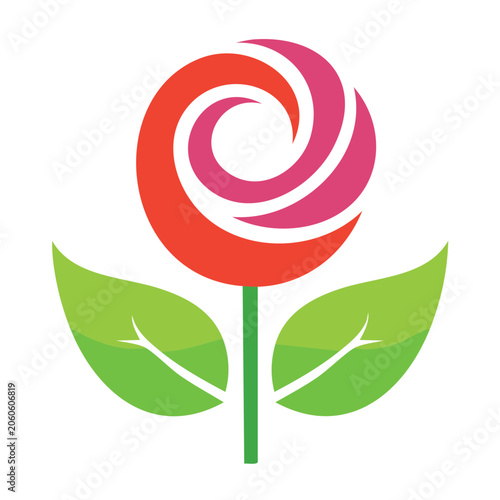 Flat design rose flower icon with leaves