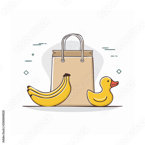 Flat illustration of shopping bag with bananas and rubber duck