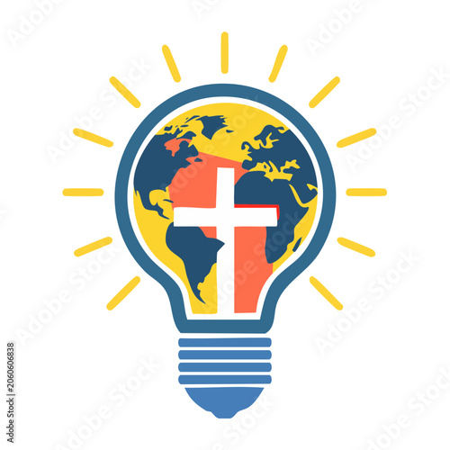 Light bulb with globe and Christian cross, symbolizing faith and ideas