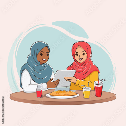 Two Muslim women in hijabs sharing a tablet and food at a table
