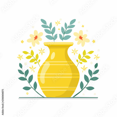 Yellow vase with flowers and leaves illustration