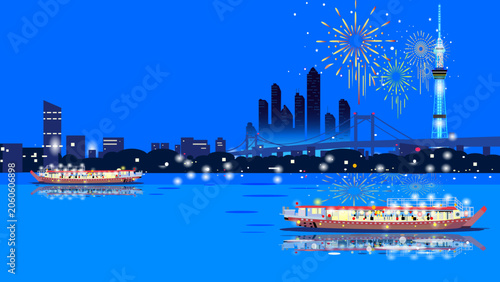 Tableau sur toile 花火が打ち上がる都会の夜景と川に浮かぶ屋形船のベクターイラスト