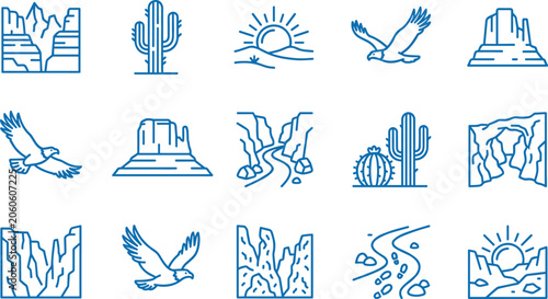 Konstfotografi Set of Grand Canyon and Southwest Desert Landscape Outline Icons.