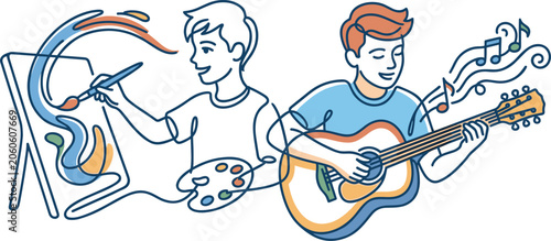 Konstfotografi Illustration of young man painting on canvas and another playing acoustic guitar