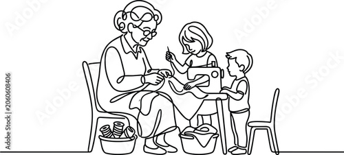 Schilderij op canvas Continuous line drawing of a grandmother teaching children how to sew