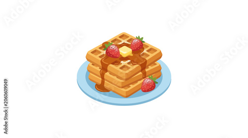Obraz na płótnie Stack of Belgian Waffles with Strawberries and Syrup