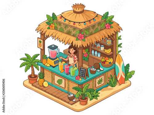 Isometric Tropical Beach Tiki Hut Smoothie Bar Illustration