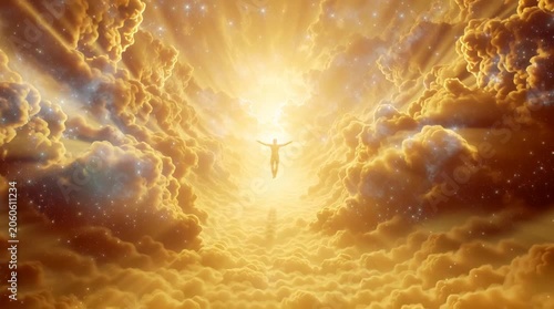Silhouette of a person walking towards a bright light in a golden cloudy sky with stars