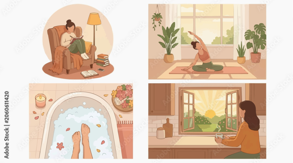 Fototapeta premium A collage of four scenes depicting self-care and relaxation, including reading by a lamp, yoga, a bubble bath, and enjoying a sunrise view with a drink