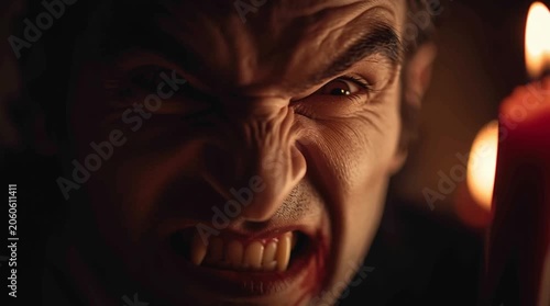 Fierce vampire with fangs and glowing eyes in dark room with candles