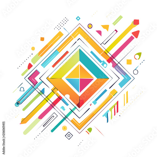 Colorful geometric abstract shapes and lines on white background
