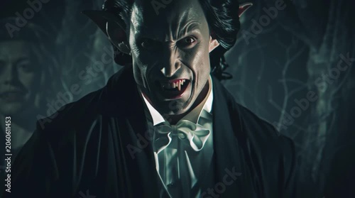 Close up of a vampire mouth with sharp fangs and red lips in dark lighting