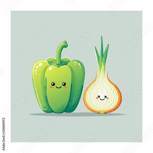 Cute Cartoon Bell Pepper and Onion Illustration