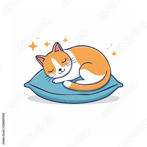 Cute cartoon cat sleeping on a blue pillow