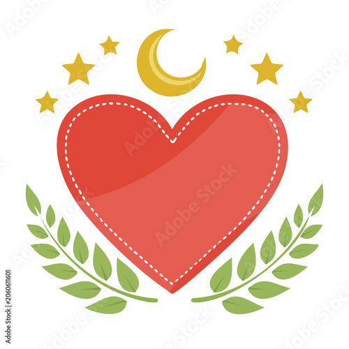 Red heart with moon, stars and laurel leaves illustration
