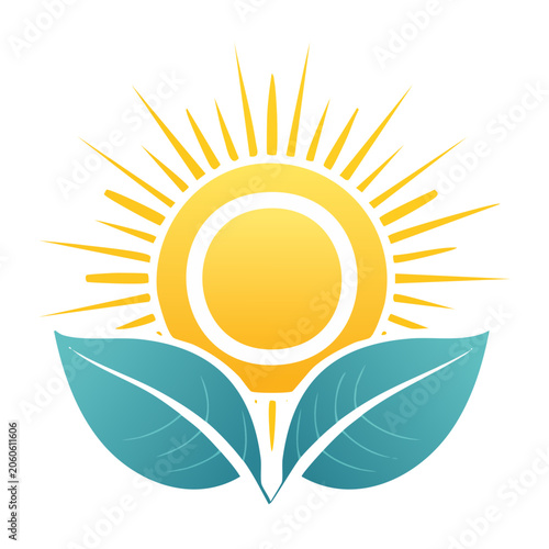 Sun with rays and green leaves vector icon